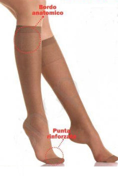 Lady's lower legs in nude knee highs with description of features.