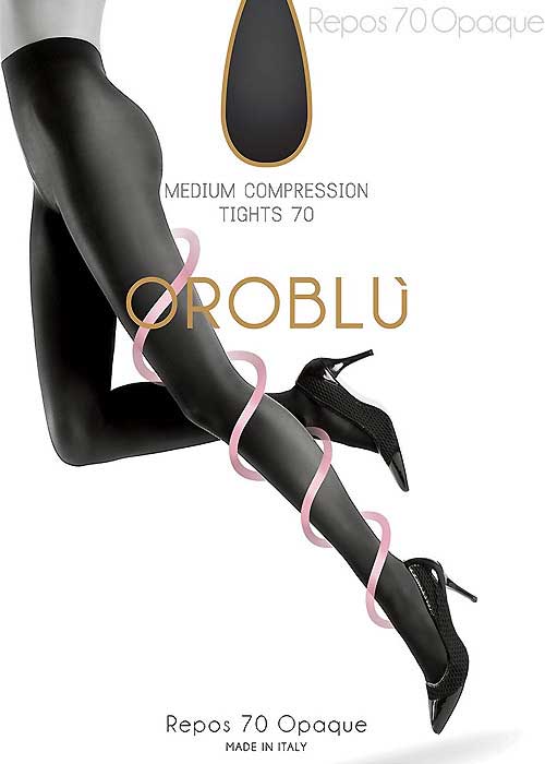Oroblu Repos 70 hosiery packet with image of extended legs in black tights.