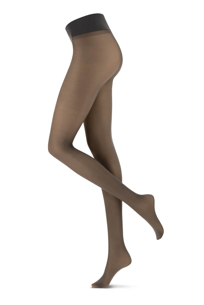 Side view of lady's legs in light grey sheer tights.