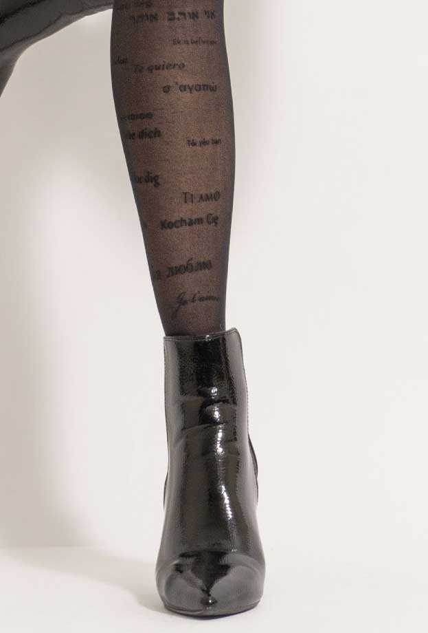 Close up of lady's lower leg in sheer black tights with the phrases I love you patterned all over.