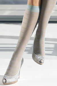 Close up of sheer aqua striped knee highs  and peep toe shoes.