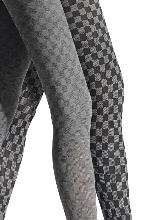 Close up of lady's ;legs in black and grey checked tights.